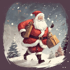 Santa Claus with a huge bag on the run to delivery christmas gifts at snow fall