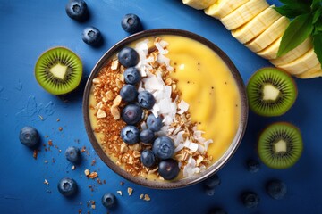 Poster - A fresh fruit smoothie bowl with coconut bananas blueberries and granola seen from above on a bright background