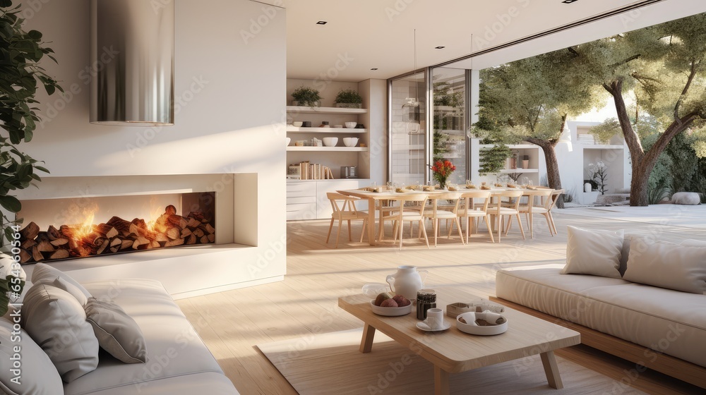 Open plan living room with white kitchen and pantry. Cozy patio with an ...