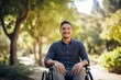 © EOL STUDIOS - A beautiful young man with a radiant smile, gracefully seated in a sleek, modern wheelchair, navigates through a lush, serene park, representing independence, resilience, and the beauty of diversity