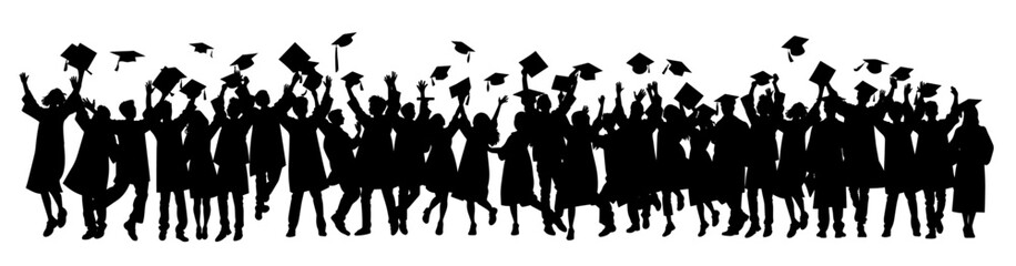 Sticker - Crowd of graduates in mantles, throws up the square academic caps. Graduated student. Happy Graduation Activity Silhouettes. 