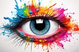 Fototapeta  - Abstract photo of a woman s eye in close up resembling splashes and dripping colors on a white backdrop Female eye with spray paint surrounding it