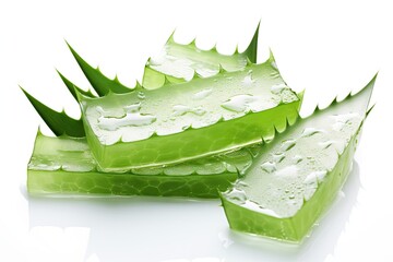 Wall Mural - Aloe vera leaves with slices on white backdrop in focus