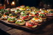 Assortment of delicious canapes on wooden board. Festive banquet service, catering food or buffet at the reception. Generative AI