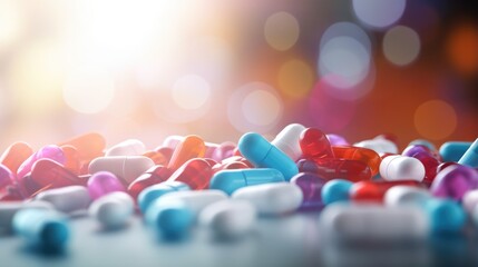 various spilled pills close up with free place for text on blurred medical background. medical conce