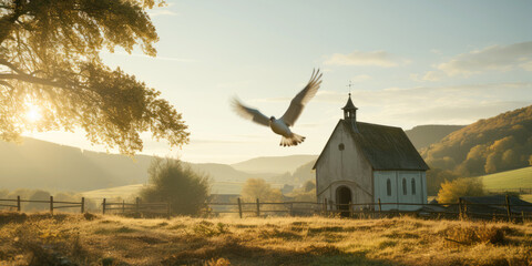 Canvas Print - Dove flying over an old little church in the countryside.