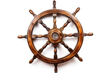 antique wooden ship wheel white background