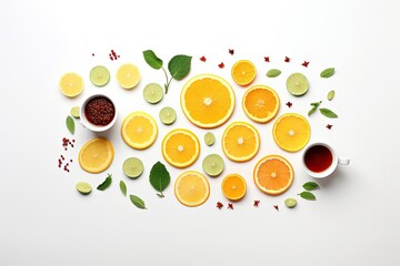 Poster - Artistic arrangement of various teas fruits and herbs on a white background