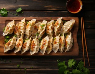 Sticker - Asian dumplings on wooden board top view copy space