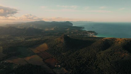 Poster - Aerial, drone point of view beautiful nature of Majorca Island with huge hills and mountains and calm Mediterranean Sea waters, view from above. Travel and tourism. Balearic Islands, Spain