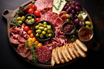 Sticker - Assorted types of Italian salami and olives served as elegant snacks in a restaurant suitable as an appetizer for aperitifs or in a salami sandwich