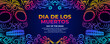 Day of the dead banner with colorful Sugar skull and Mexican flowers border