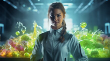 Beautiful Female Chef On Dark Background With Yellow Mist, Delivery Woman,  Hyper  Futuristic, Vibrant Colors, Bright Neon Green, Copy Space