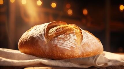 Close up of freshly baked sourdough bread. Bakery shop background with tasty bread on bakery shelves.