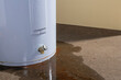 © CMANNPHOTO - Water leaking from a residential electric water heater sitting on a concrete floor with signs of rust and iron staining the floor.