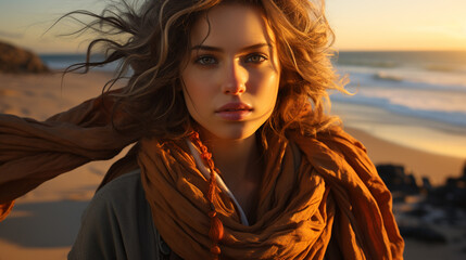 Woman with a scarf at the beach.