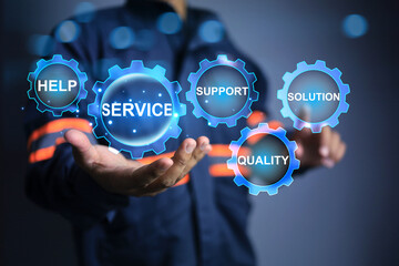 Customer service concept. Engineer holding gear cogwheel to show standby to services or support 24 hour in 7 day and information support solution to help take care with quality