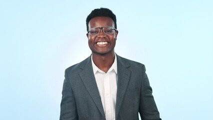 Poster - Businessman, face and smile of black man in studio with confidence and positive attitude for startup. Employee, professional and young entrepreneur happy and focus for advertising company in Africa
