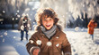 Smiling and happy child in winter playing with snow in a snowy landscape. Generative ai