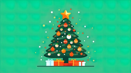 Christmas green decorated tree. Flat style vector illustration isolated on clear background