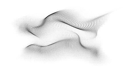Flowing dots particles wave pattern 3D curve halftone black gradient curve shape isolated on white background. Vector in concept of technology, science, music, modern.