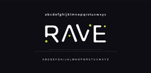 Rave Abstract Digital Technology Logo Font Alphabet. Minimal Modern Urban Fonts For Logo, Brand Etc. Typography Typeface Uppercase Lowercase And Number. Vector Illustration