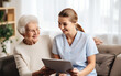 © AI_images - Nurse, clipboard and senior woman with insurance for home and support with a smile on a couch.