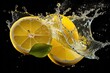 Lemon slice with liquid splash isolated on black background. Generative AI