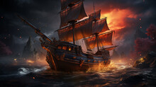 Black Ship Of Pirates Sailoring On The Ocean At Night, Fire Lighting, Generative AI
