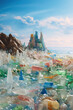 concept art of a beach ocean covered in plastic waste anti consumerism capitalism for environment activism Fridays for future climate change in editorial magazine film look