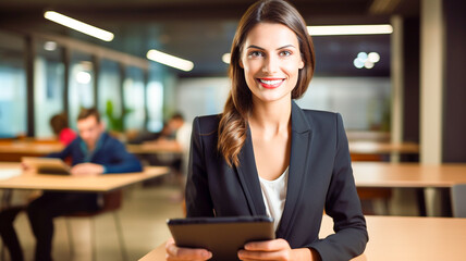 Wall Mural - Successful young business woman looking confident and smiling. Positive business lady using digital tablet standing in office. 
