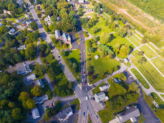 West Boylston historic town center aerial view including First Congregational Church at Town Common on Central Street, West Boylston, Massachusetts MA, USA. 