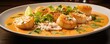 © Justlight - An irresistible image showcasing scallops on a bed of creamy coconut curry sauce, garnished with fresh cilantro leaves and a squeeze of zesty lime, transporting the taste buds to exotic