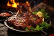 A visually pleasing shot showcases a platter of tandoori marinated lamb chops cooked till they reach a perfect tenderness. The chops bear the distinct ed crust from the tandoor, displaying