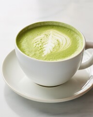 Wall Mural - Served in a quaint porcelain cup, this matcha latte exudes elegance with its pale green shade, offering a gentle aroma and a silky texture that glides effortlessly across your tongue.