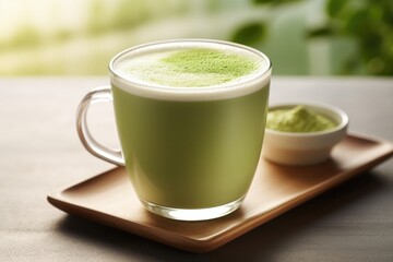 Wall Mural - Depicting a true sensory indulgence, this matcha latte captivates with its visually pleasing layers of pale green and ivory, inviting you to savor the delicate balance between the earthy