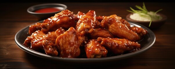 Wall Mural - A mouthwatering image showcasing Korean fried chicken wings dipped in a tangy, y sauce. The sauce clings to the tender meat, adding a fiery kick that harmoniously balances with the chickens