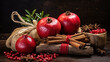 Still life with pomegranates and cinnamon sticks. Christmas time. AI generated