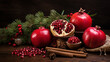 Still life with pomegranates and cinnamon sticks. Christmas time. AI generated