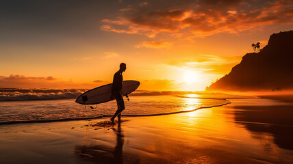 Wall Mural - Surfer with surfboard on the beach at sunset. AI generated