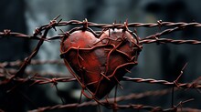 A Heart Ensnared By The Sharp Twists Of Barbed Wire. This Powerful Contrast Underscores The Delicate Nature Of Love And The Defenses We Erect, Either As Shields Against Hurt Or Echoes Of Past Scars. 
