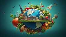 Earth, Detailed In Its Portrayal Of Diverse Countries, Takes Center Stage. Encircling It, A Lavish Cornucopia Overflows With A Variety Of Fresh Produce, Symbolizing The Planet's  Agricultural Opulence