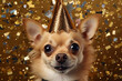 Chihuahua dog wearing New Year's Eve party celebration hat in front of golden background with confetti