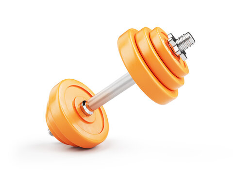 Orange gym dumbbell isolated on white background