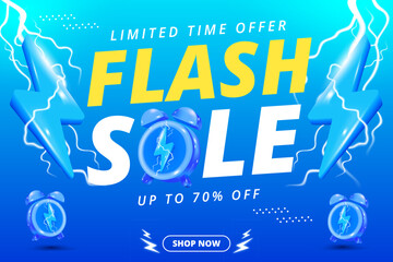 Wall Mural - Flash Sale Shopping Poster or banner with Flash icon and 3D text on blue background. Template design for social media with blank product podium scene.