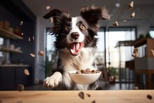 A Happy Border Collie Dog With Scattered Pellets Of Dry Food.