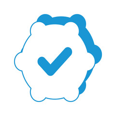 Poster - Flat line uncolored check mark icon over white background. verified blue check logo with cloud shield speech bubble with check mark icon. blue and white vector illustration.