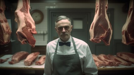 Wall Mural - Portrait of a butcher in butchers shop.