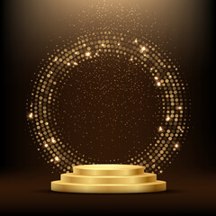 Wall Mural - Golden podium with circle ring and glitter. Shining abstract background with gold elements. Yellow shiny circular stage. Modern futuristic graphic vector illustration. Glowing decoration