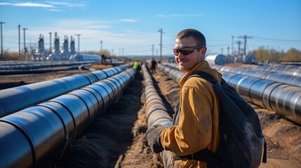 Poster - Refinery workers with a gas pipeline.